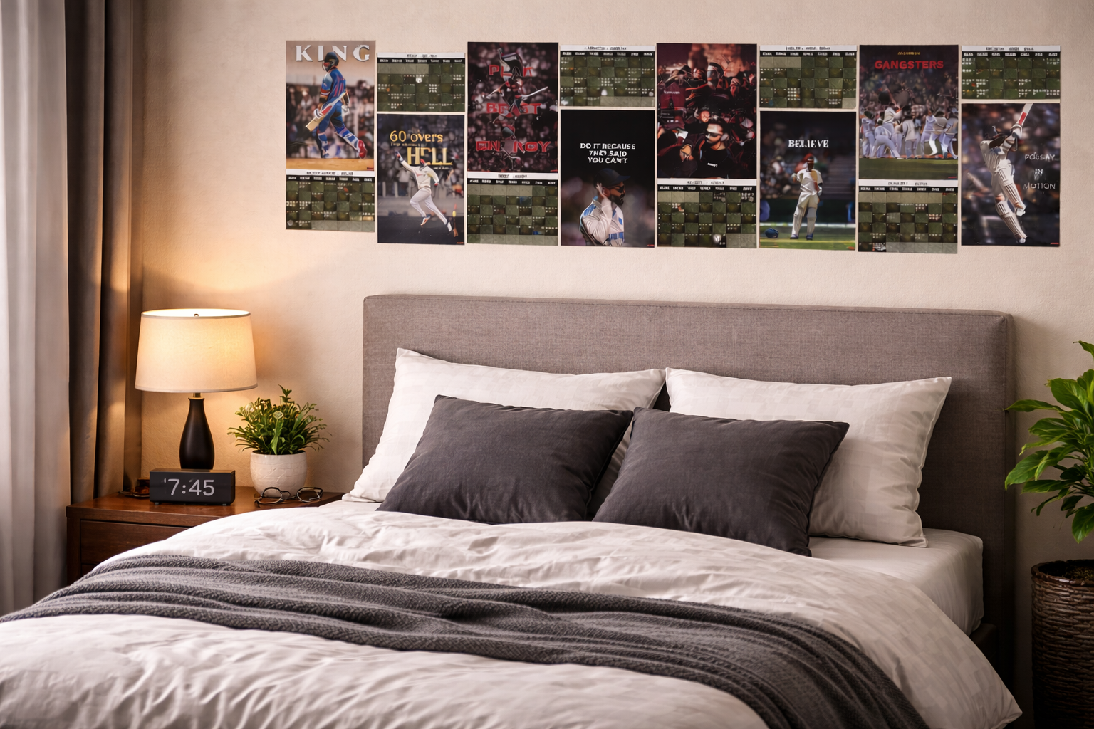 Bedroom with a bed and wall calendars displaying sports images.