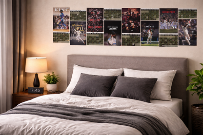 Bedroom with a bed and wall calendars displaying sports images.